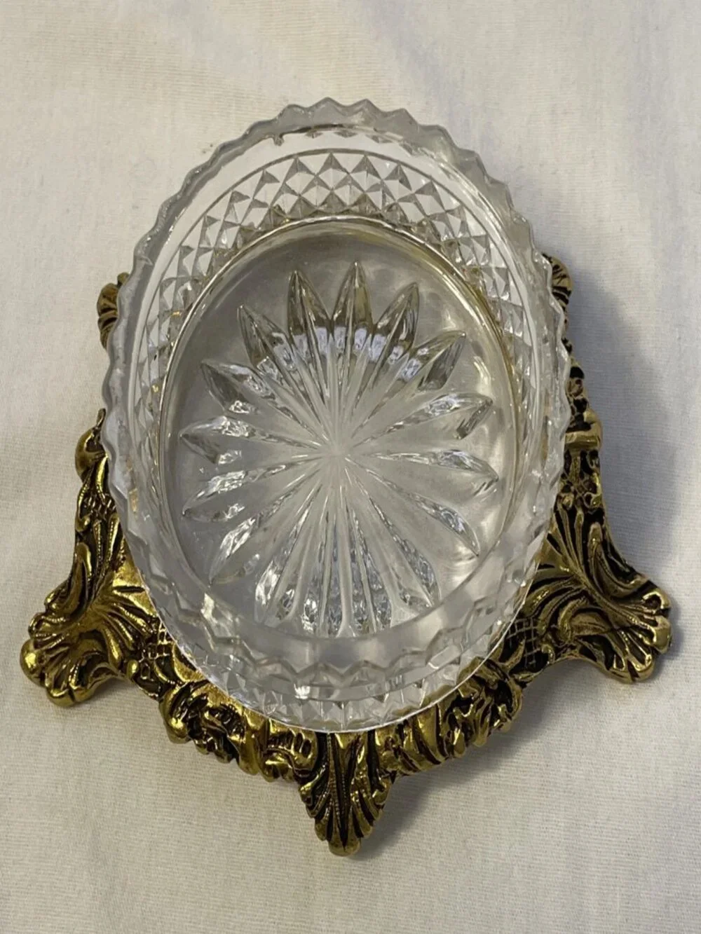 Vintage Crystal Salt Cellar Set Gold Filigree Footed Condiment Jam Bowls Spoon